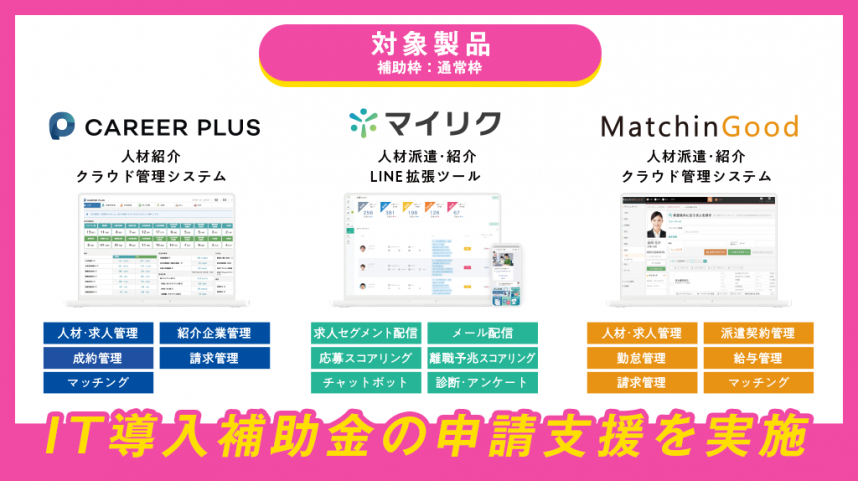 IT導入補助金2024の対象サービス一覧：キャリアプラス、マッチングッド、マイリク